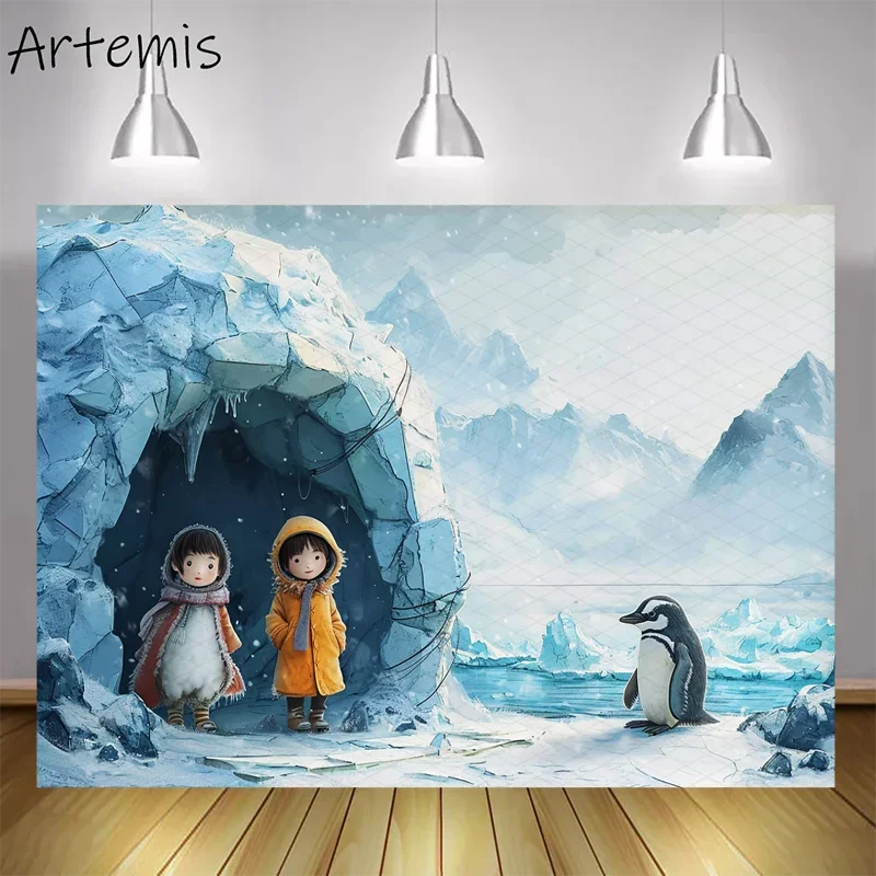 

Cartoon Photography Backdrop Penguin Childlike Simplicity Watercolor Mountainou Vistas Birthday Portrait Background Photo Studio