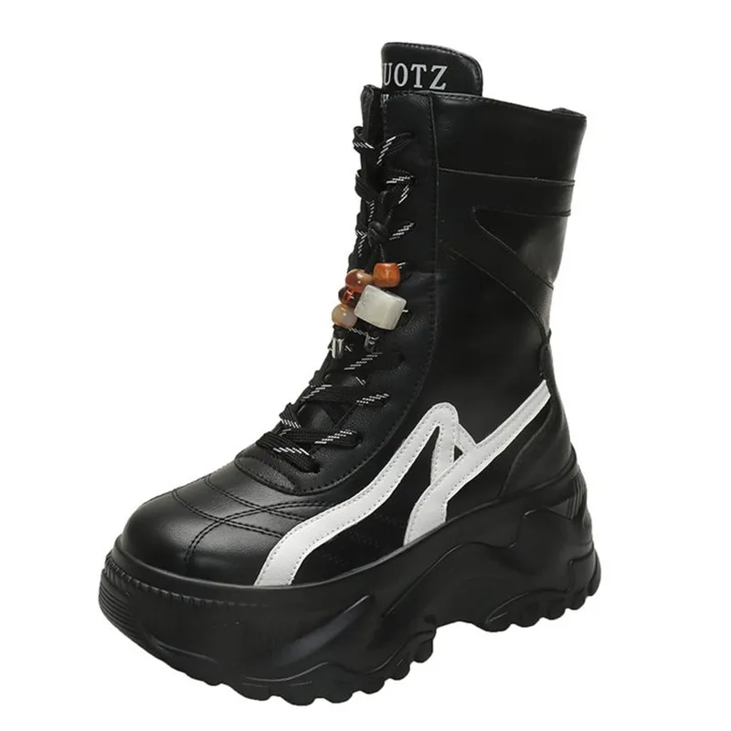 New Women 8CM Chunky Mid-Calf Boots 2025 Autumn Winter Beading Lace-up Zip Shoes High Platform Motorcycle Boots Leather Sneakers