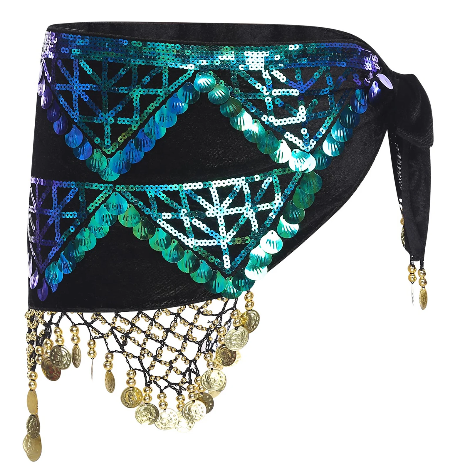 

Belly Dance Women Sequin Tassel Triangle Hip Scarf Sound-making Fringe Wrap Skirt Waist Chain Dance Costume for Class Stage