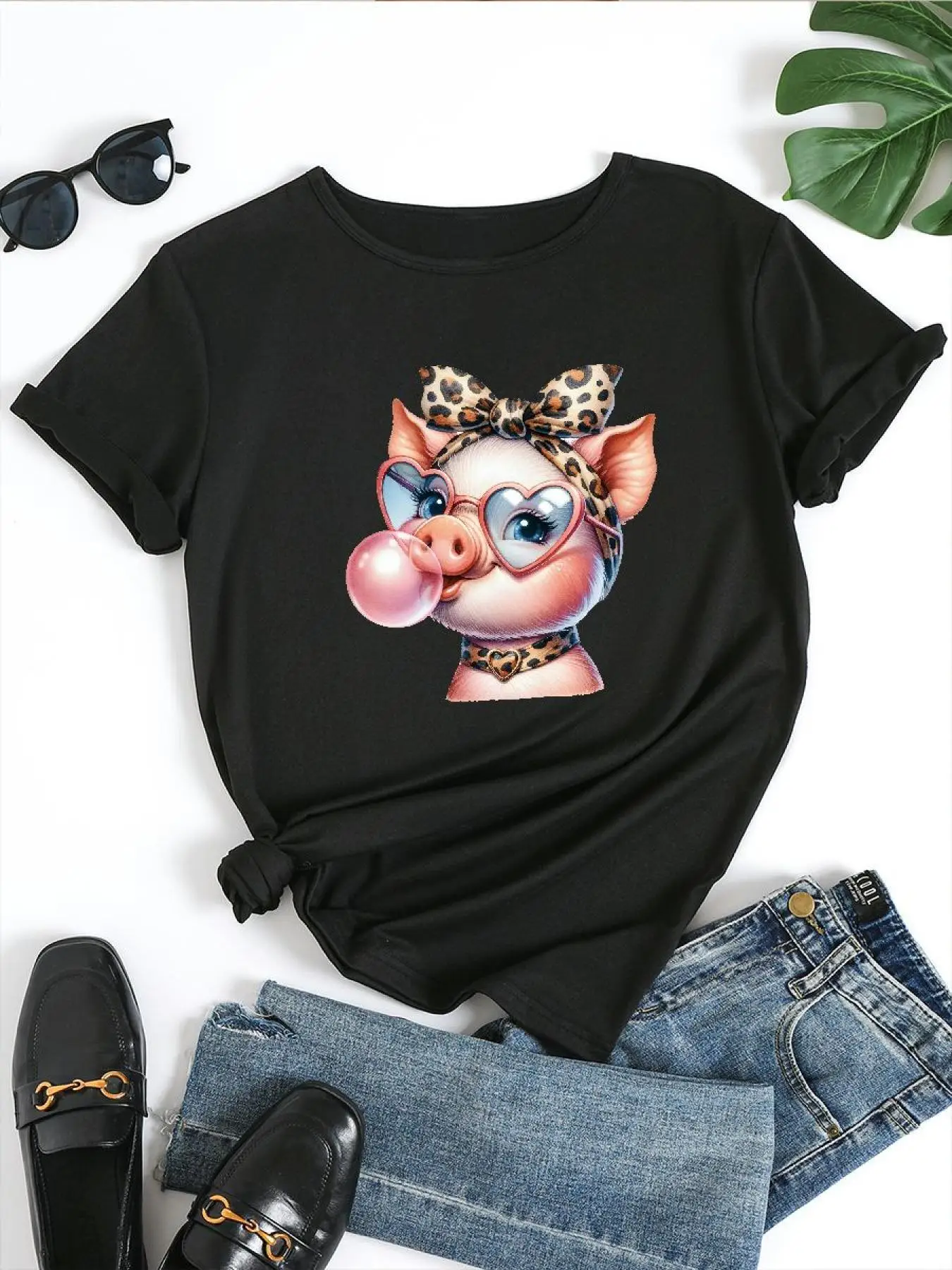 2025, lässiges Kurzarm-T-Shirt für Damen, niedliches Cartoon-Schwein, Rundhalsausschnitt, Sommer-Tops, modische Kleidung, stilvolle tägliche Tops, Muster