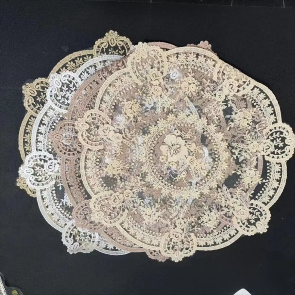 Luxury Embroidered Lace Table Mat Flower Embroidery Round Lace Table Cloth Napkin Placemat Vase Table Lamp Pad Beside Table