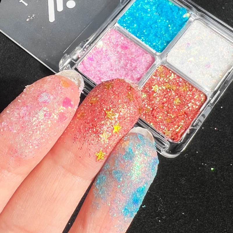 4 in 1 Sparkly Eyeshadow Glitter Gel Cream Shimmer Gold Silver Star Heart Sequin Face Body Palette Eye Makeup for Festival Daily