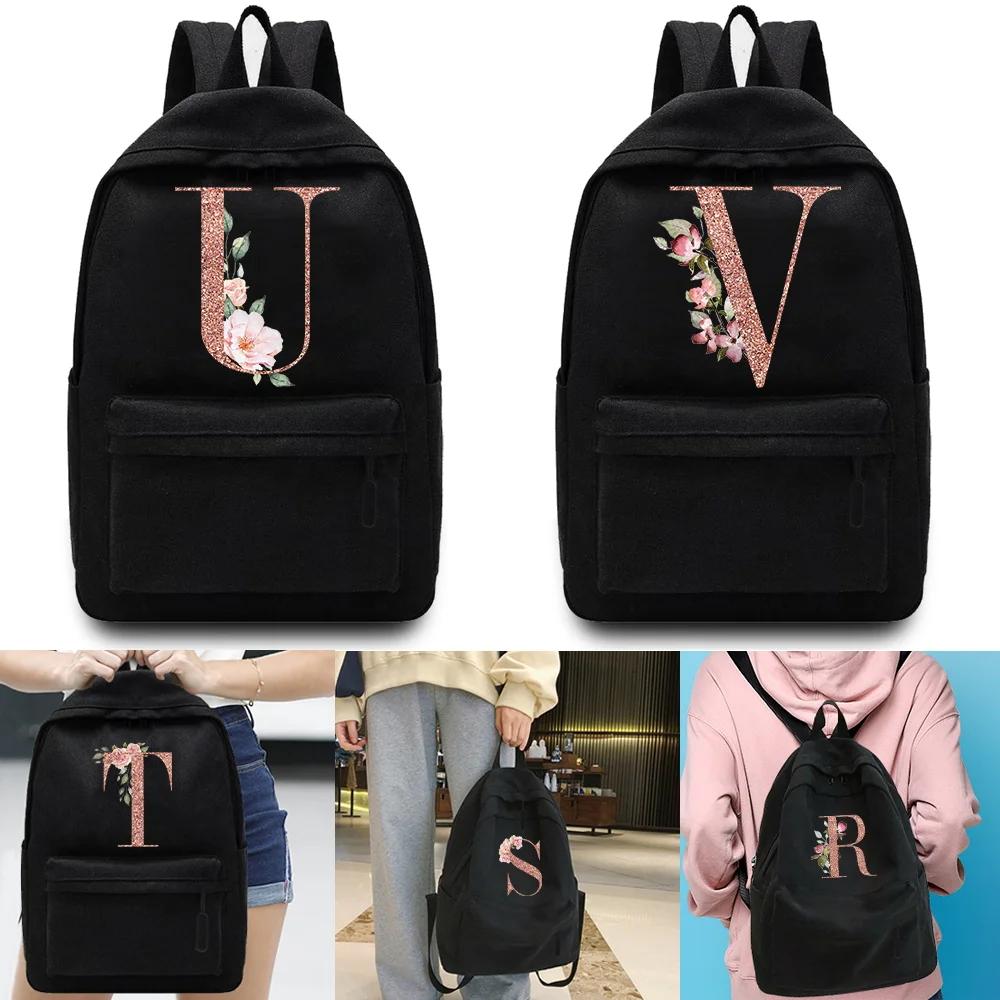 Zaino unisex con nome stampato con lettera in oro rosa Borsa posteriore leggera per borse da scuola da uomo Zaino da viaggio elegante per notebook da 15,6 pollici