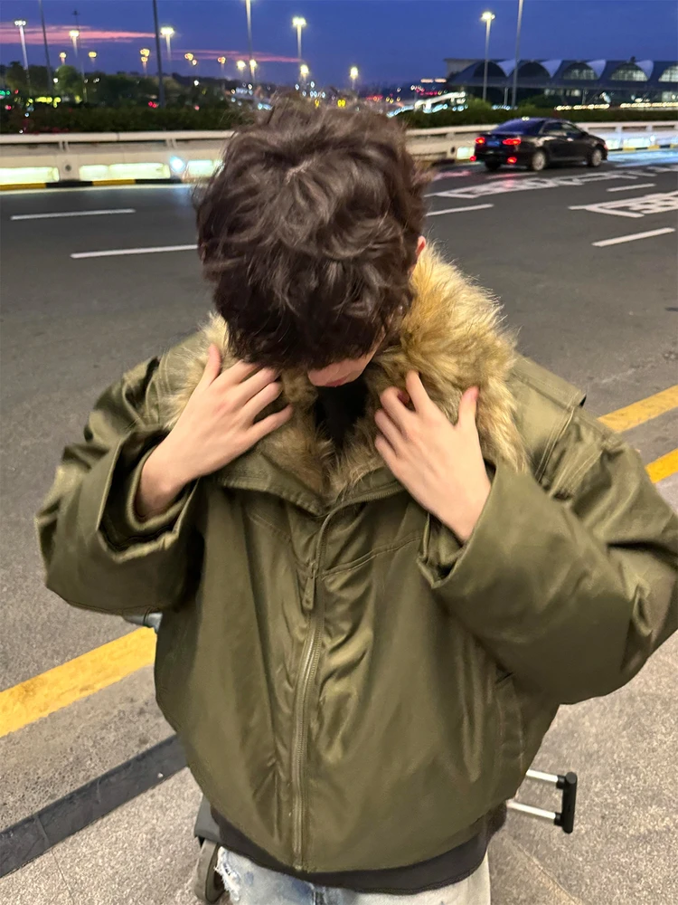 Jaket Katun Retro Amerika Desain Deconstructed Jaet Thiened untuk Pria dan Wanita, Musim Dingin Hangat dengan Kerah Bulu, Desain Kasual Outerwear