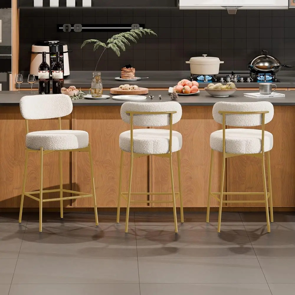 

Set of 3 White Boucle Upholstered Counter Height Bar Stools, 24 Inch, Curved Back, Metal Legs, Modern Bar Chairs for Kitchen Isl