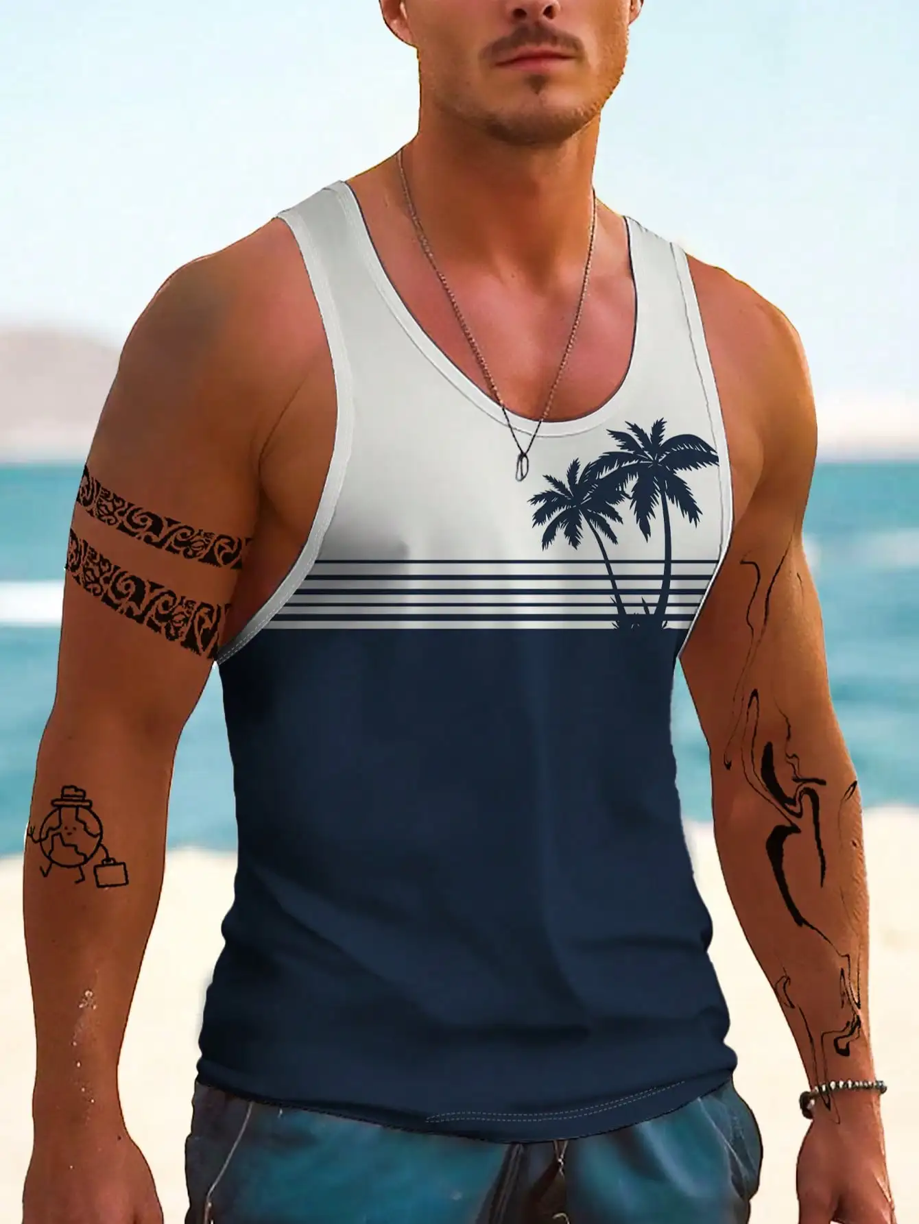 

Men's Tropical Palm Tree Print Sleeveless Tank Top - Beach Vacation Style