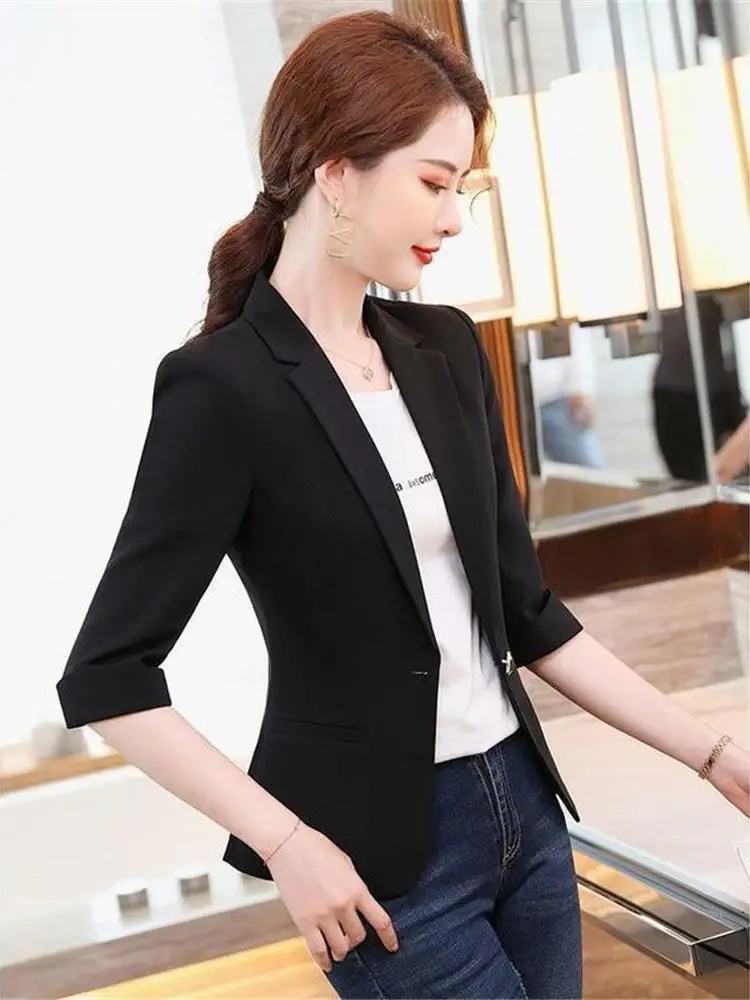 Bla ort Thin Sve Suit Jaet для женщин Весна Лето Cleanfit Sle Profional Спецодежда Seven Quarter Sve Length