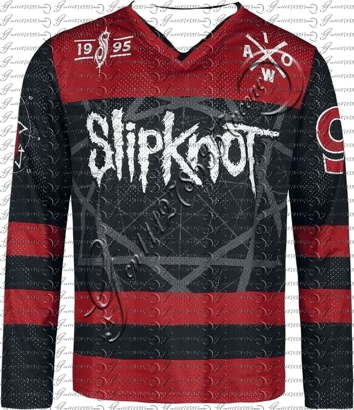 Slipknot Band 1995 Graphic Hockey Jersey Red Black Striped Long Sleeve Mesh V Neck Heavy Metal Rock Concert FamilyMatching