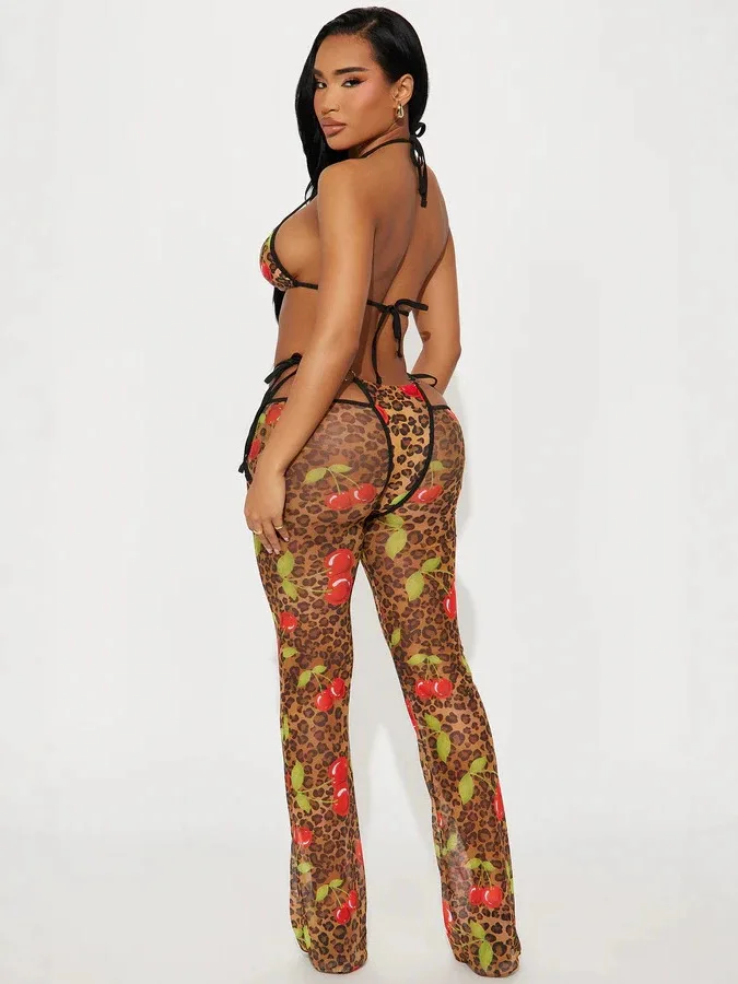 STYLISH LADY Leopard Cherry Print Mesh 2 Piece Outfit Halter Bikini Top Cutout Flare Pants 2026 Women Beach Club Matching Suit view 3