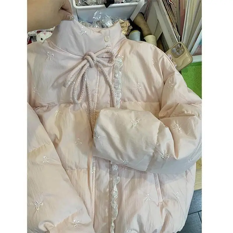 Damenmantel, Winter- und Herbstjacke, Oberbekleidung, warm, mit Fleece gefüttert, rosa, schlicht, für Pendler, kurze Schleife, Stickerei, Puffermantel