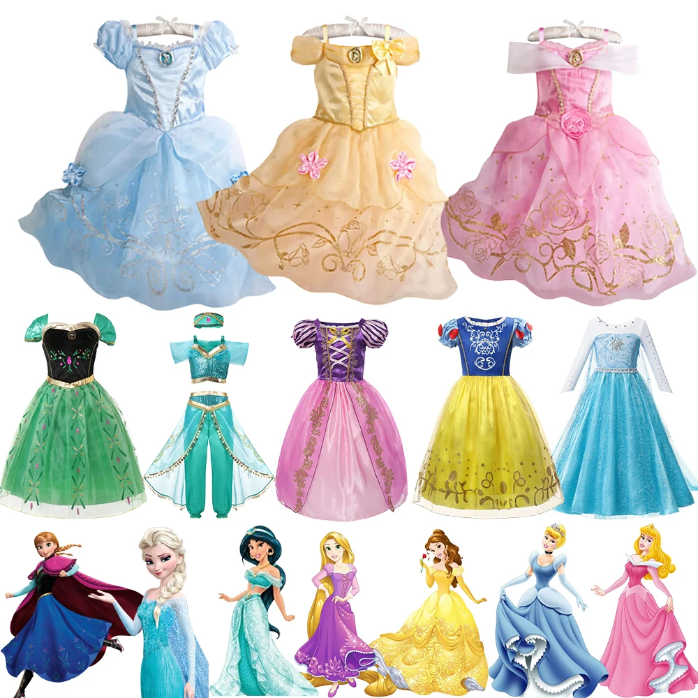 

Disney Princess Dress For Girl Belle Sleeping Beauty Cinderella Rapunzel Frozen Hallowee Carnival Party Cosplay Costume Dress Up