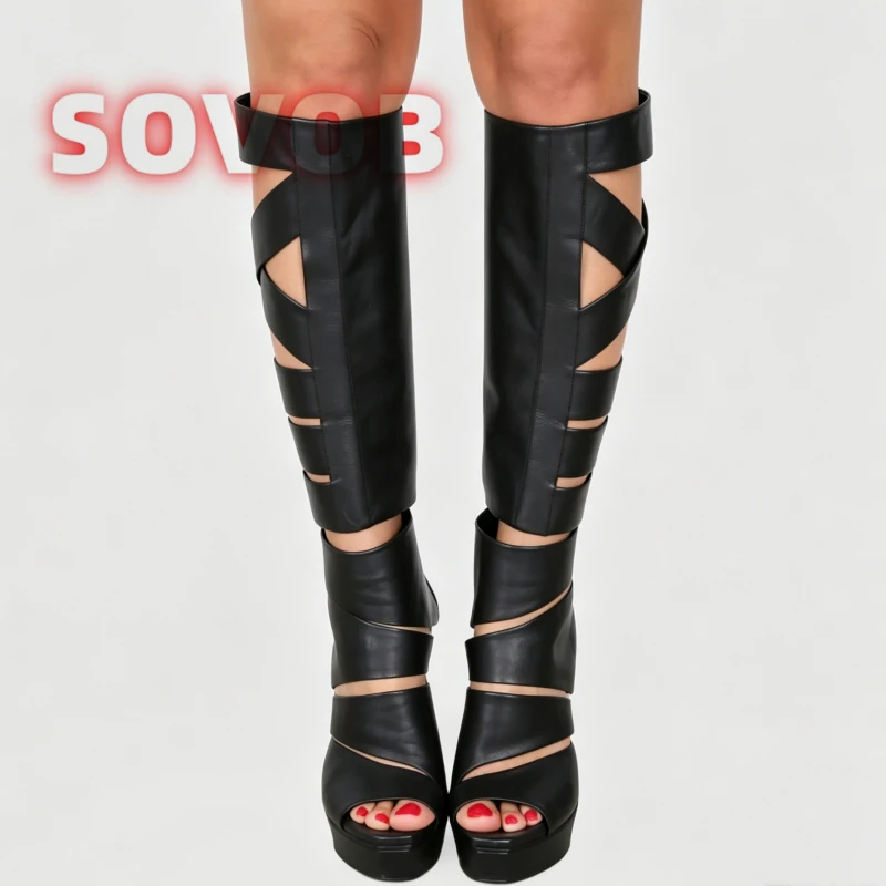 Black Platform Gladiator Sandal Boots,Women Cross Band High Heel Boots,Ladies Gothic Punk Footwear,Back Zipper Knee High Shoes