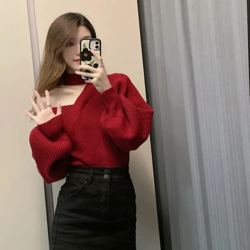 New Christmas Neck Style Sweater for Women Short and Careful Machine Cut Off Shoulder Slimming Long Sleeved Knitted Top