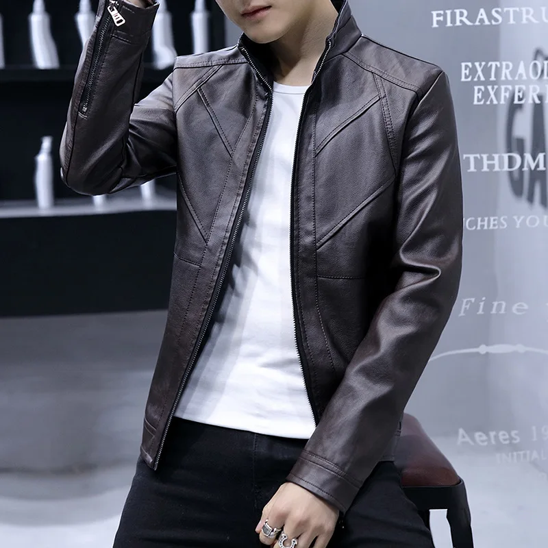 

Casual Men's PU Leather Jacket New Stylish Slim Stand Collar Motorcycle Clothing Side Seam Pocket Zipper Men Faux Leather Coats