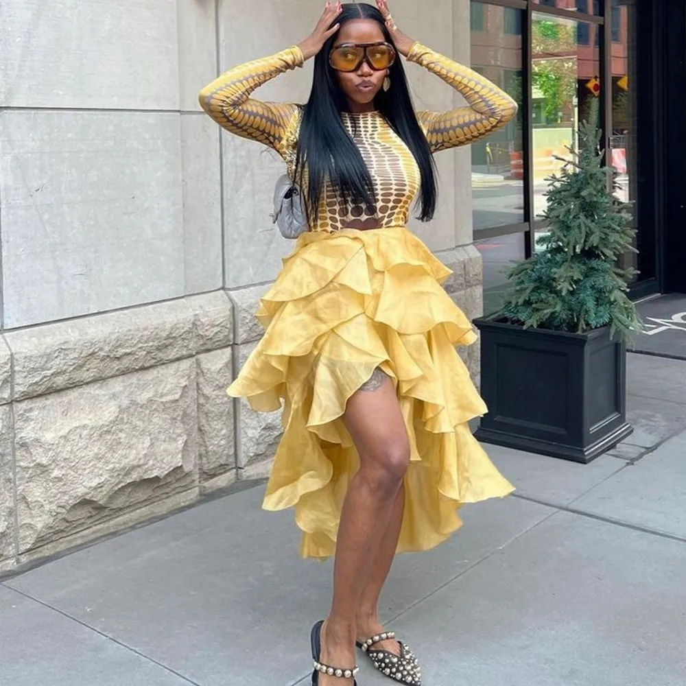 

Fashion Yellow Layered Asymmetrical Women Skirts Summer Mid Calf Female Skirts Sexy Female Skirt
