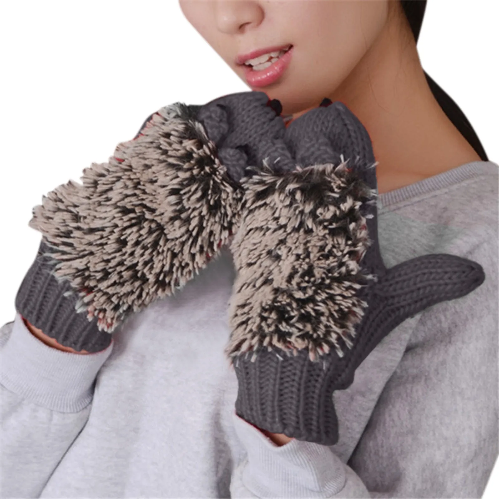 

Women's Winter Gloves Without Fingers Knitting Wool Warm Mittens Fingerless Cartoon Hedgehog Gloves Birthday Present