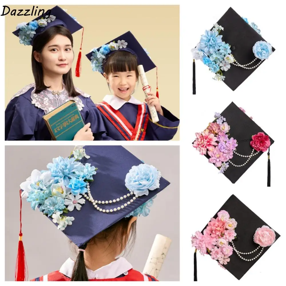 

Trencher Cap DIY Flowers Graduation Cap Mortar Board Adjustable Kids Academic Hat with Tassels Fringe Charm Ornament