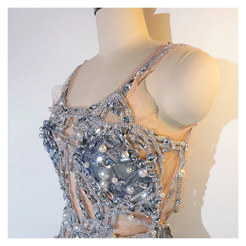 섹시한 핑크 메쉬 시스루 드레스 진주 스팽글 라인스톤 백리스 무대 가수 댄스 의상 나이트클럽 생일 짧은 드레스