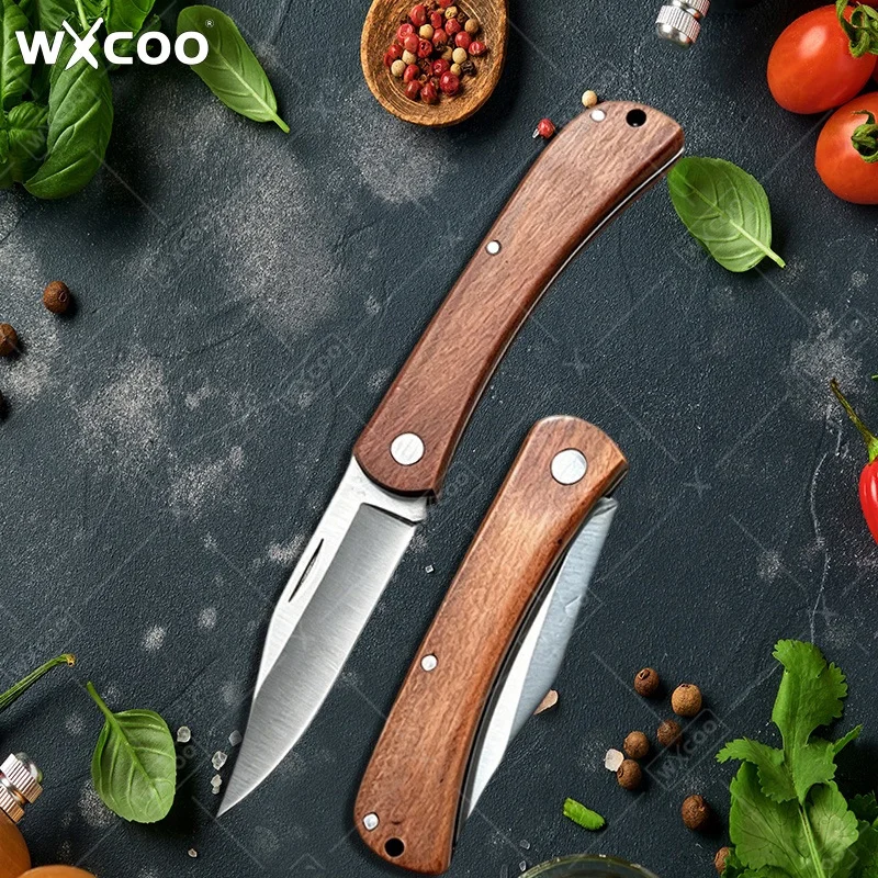 WXCOO Stainless Steel Melon Fruit Peeler Kitchen Multi-Function Vegetable Fruit Knife Folding Pocket Knife with Wooden Handle