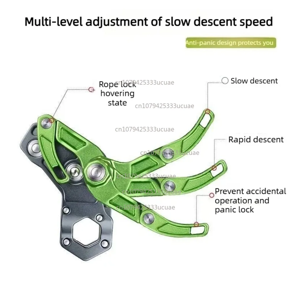 A lightweight, anti-panic controlled descent device for outdoor rock climbing/ropes, emergency rescue, and high-altitude work