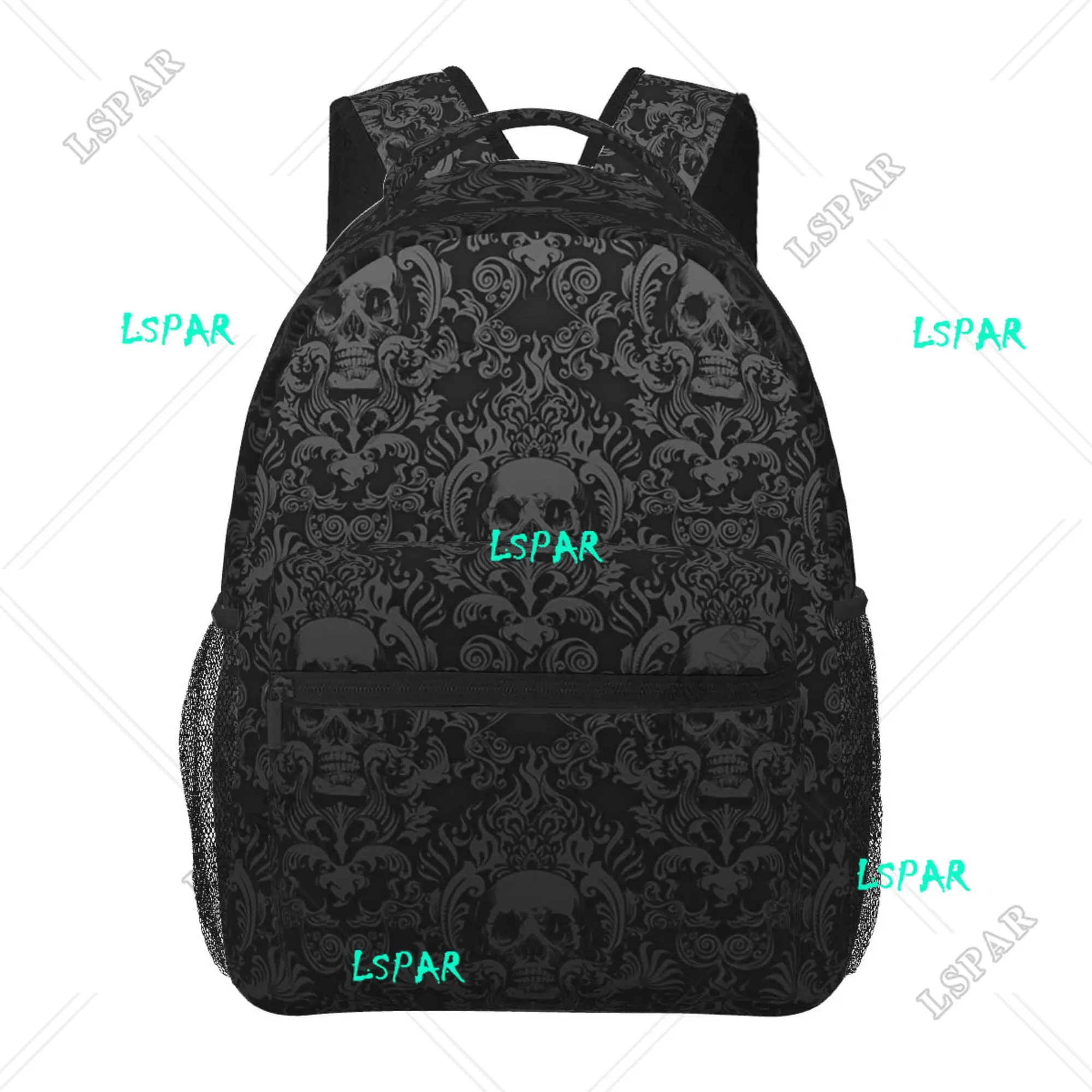 Goth Gothic Black Skull Damask Pattern Backpack Unisex Casual Laptop Backpacks School Bookbag Travel Hiking Camping Daypack