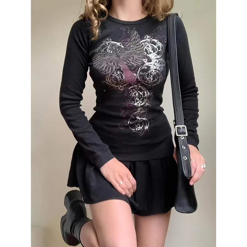 

American Subculture Punk Hottie T-shirt Y2K Gothic Graphic Print Long Sleeve Tshirts Retro Street Harajuku Tees Ladies Slim Tops