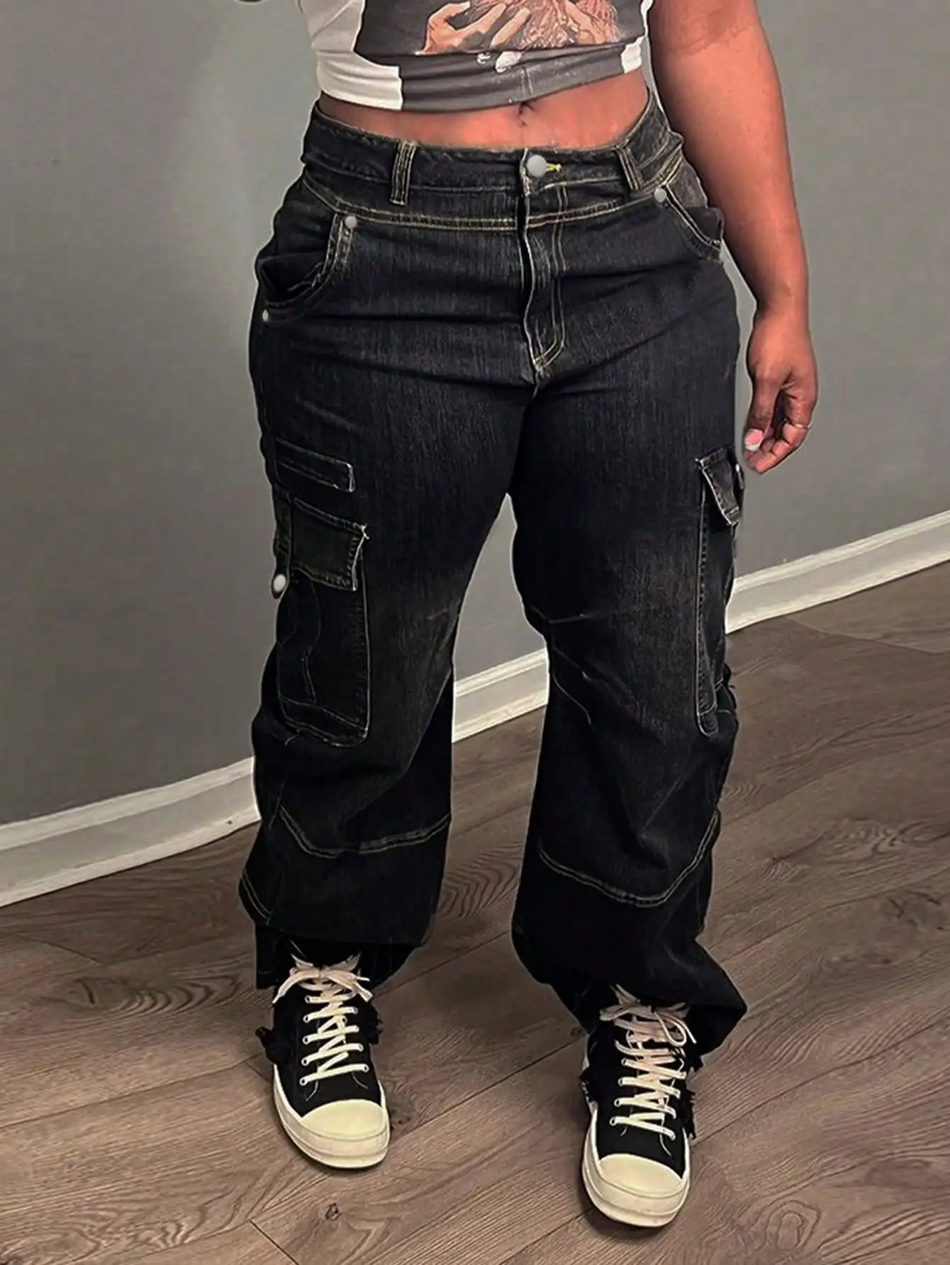 WGXWGX Women's Loose Fit Baggy Cargo Jeans Y2K Streetwear Vintage Black Cotton Denim Multi-Pocket Design Trendy Casual Pants