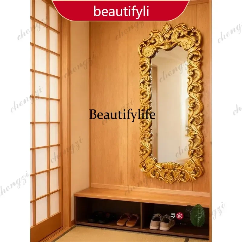 smt45 Golden decorative mirror living room bedroom entrance full-body mirror European retro carved full-length mirror