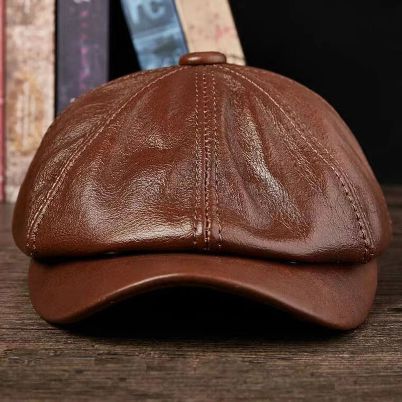 Retro Octagonal Genuine Leather Hat Winter Men\'s Cowhide Leather Beret Elegant Fashion Student Tongue Cap Snapback Caps For Men