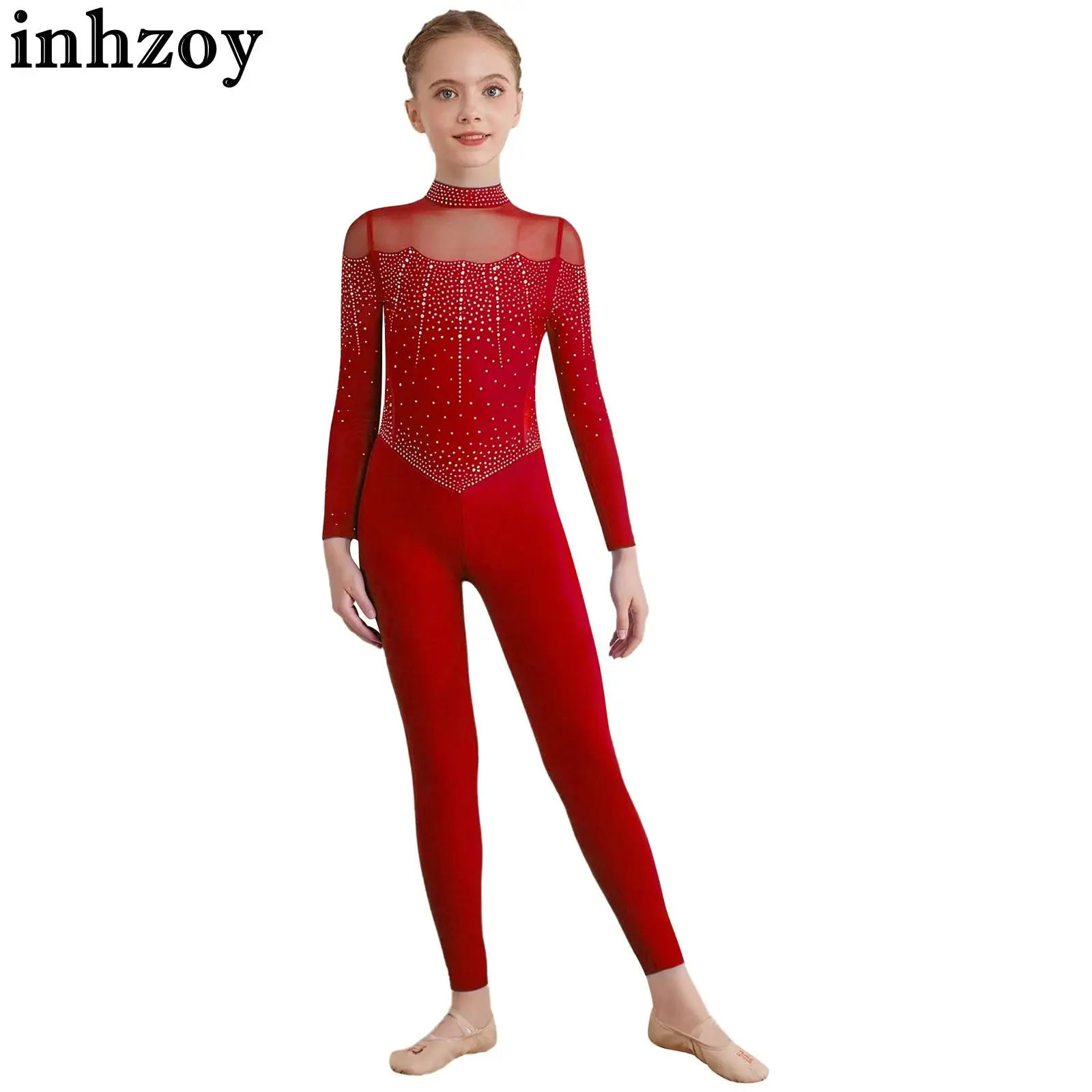 Kids Girls Figure Skating Gymnastics Acrobatics Ballet Dance Leotard Dancewear Long Sleeve Shiny Rhinestones Sheer Mesh Jumpsuit