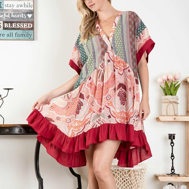 Combhasaki ผู้หญิงฤดูร้อน Boho Vintage Floral พิมพ์ Contrast สี Batwing แขนสั้น V คอ Ruffle Hem หลวมชุดมินิสั้น