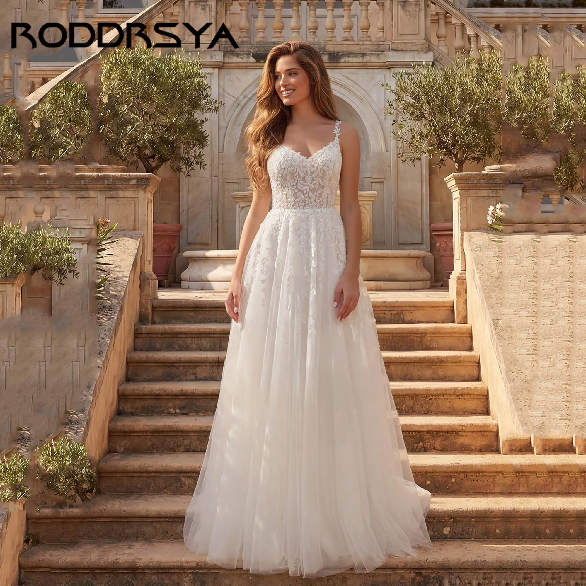 

RODDRSY Classic Spaghetti Straps A-line Bride Dress Sleeveless V-neck Tulle Appliques Wedding Gown vestidos de noivas Customized