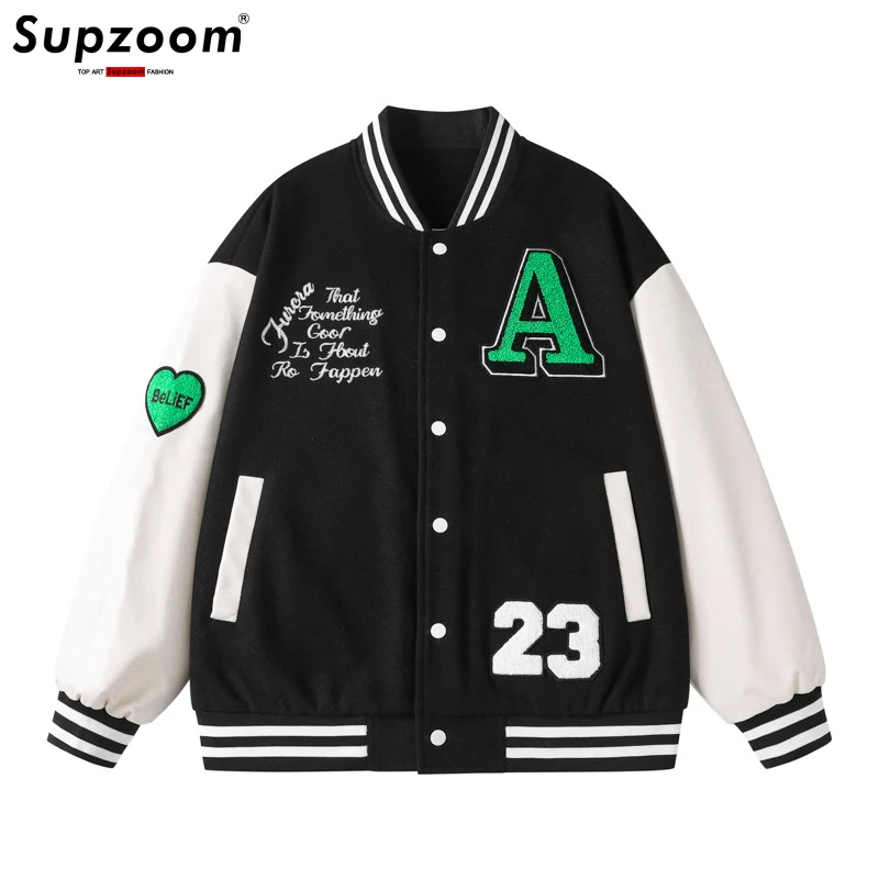 

Supzoom New Arrival Top Fashion Autumn Loose Teenagers Preppy Style Rib Sleeve Short Embroidered High Street Baseball Jacket Men