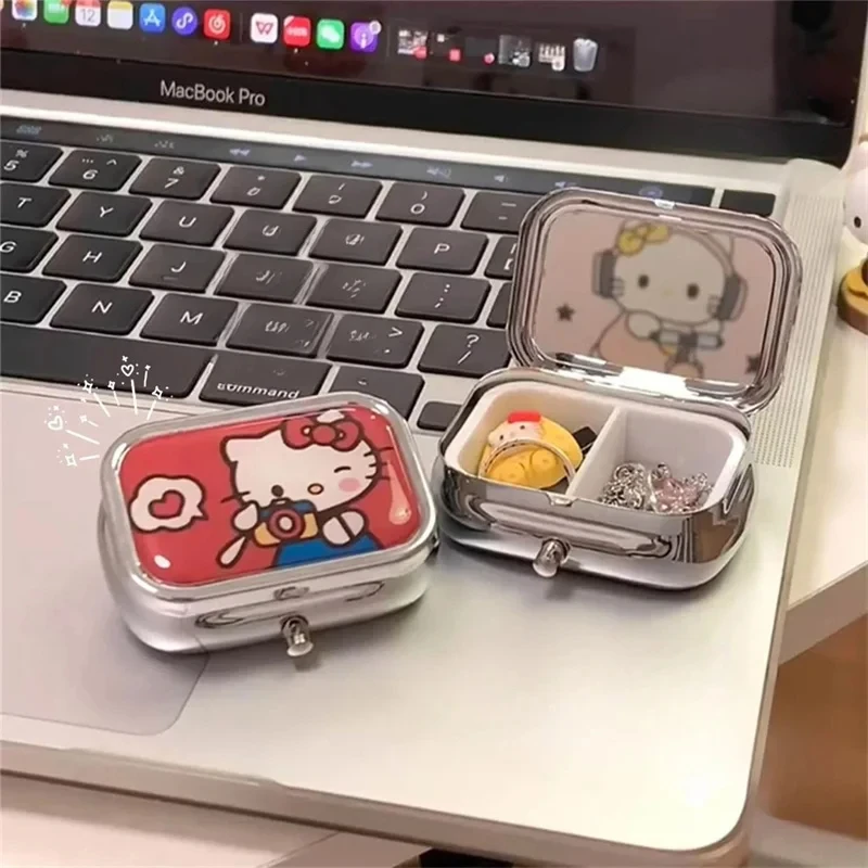 Hello Kitty Portátil Caixa De Jóias com Espelho HD, Mini Selado Subpacote Caixas, Bonito Coração Da Menina Dos Desenhos Animados, Caixa De Armazenamento De Viagem, Kawaii