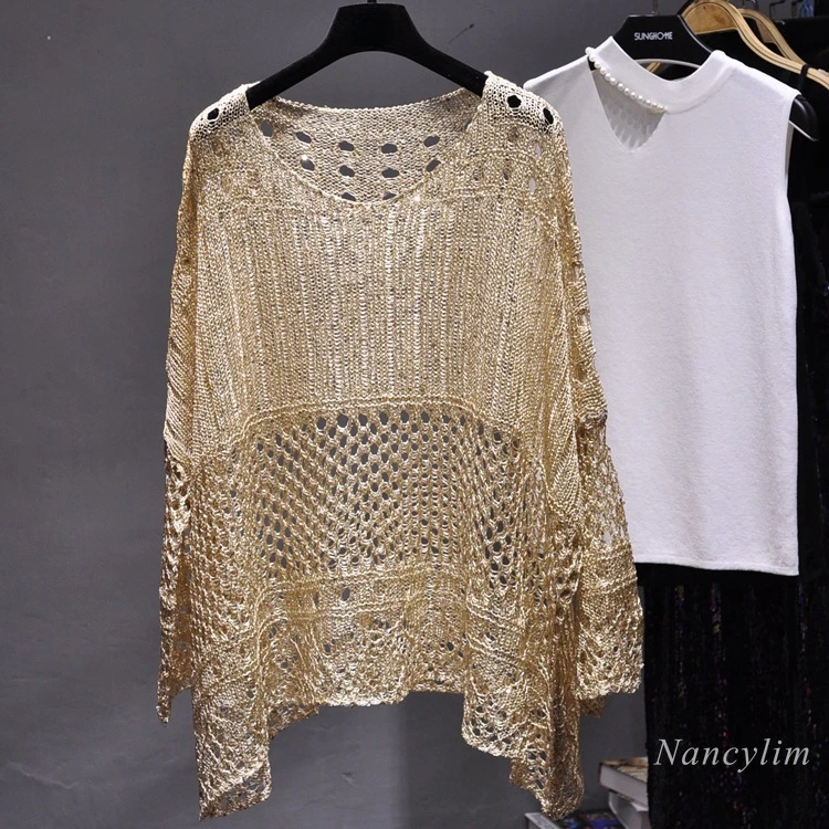 Autumn Bat Sleeve Top Hollow-out Sequin Overclothes Knitwear Loose Gold Thread Bright Silk Sun Protection T-Shirt for Women