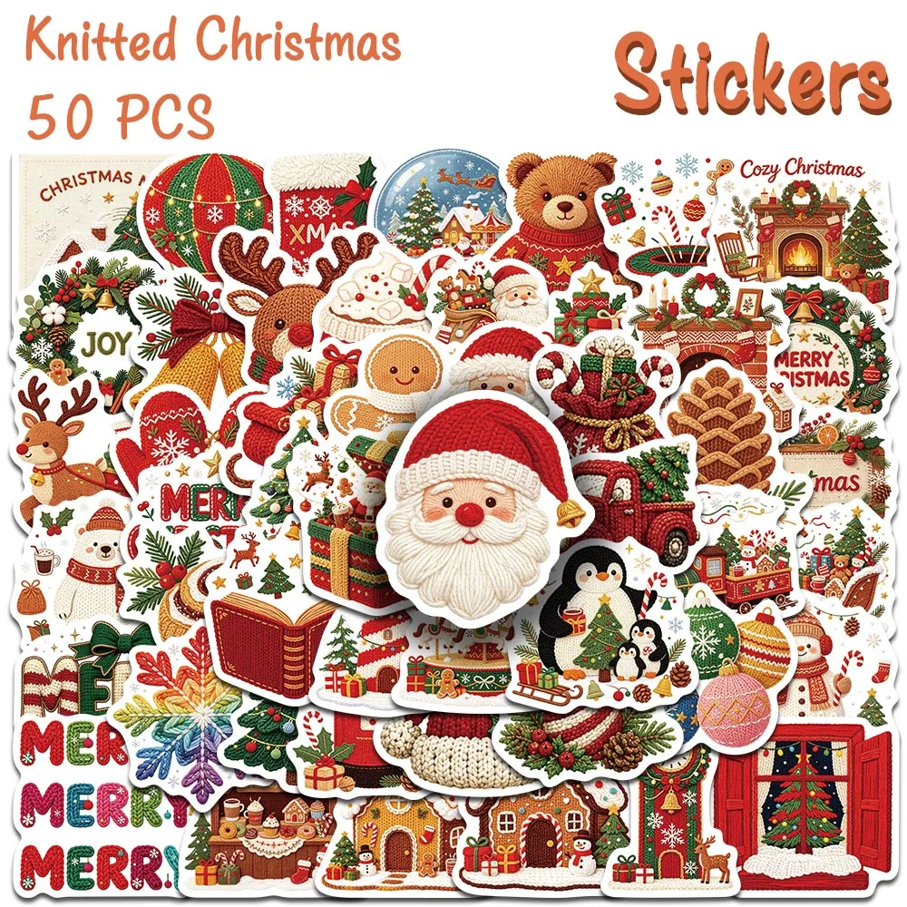 50pcs Cute Knitted Christmas Cartoon Stickers Santa Reindeer Snowman Decal for Laptop Phone Case Suitcase DIY Xmas Party Gifts