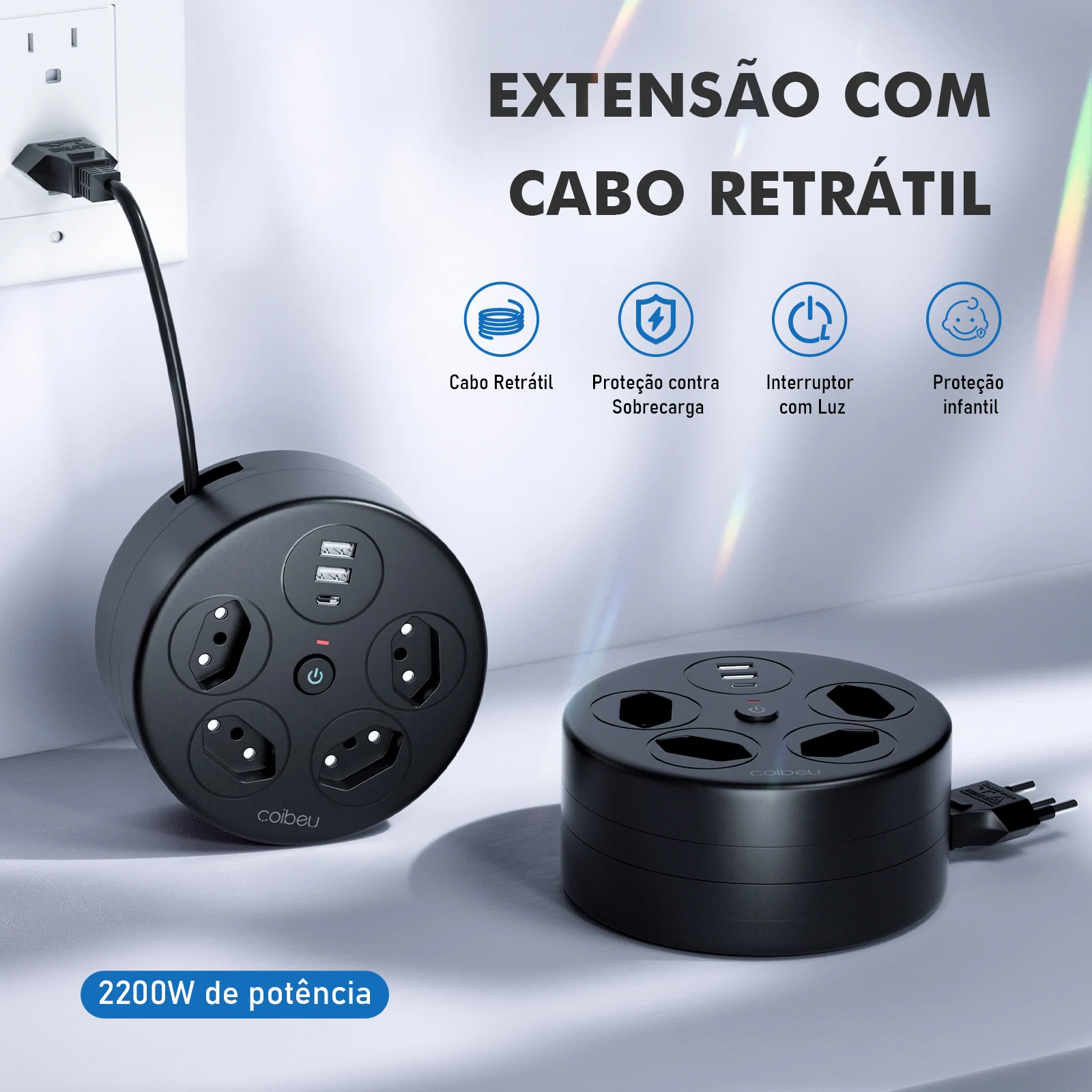 Extensão com cabo retrátil, 4 Tomadas, 1 USB‑A, 1 USB‑C, 2200W, Cabo de alimentação retrátil de 1,8 m, Extensão elétrica
