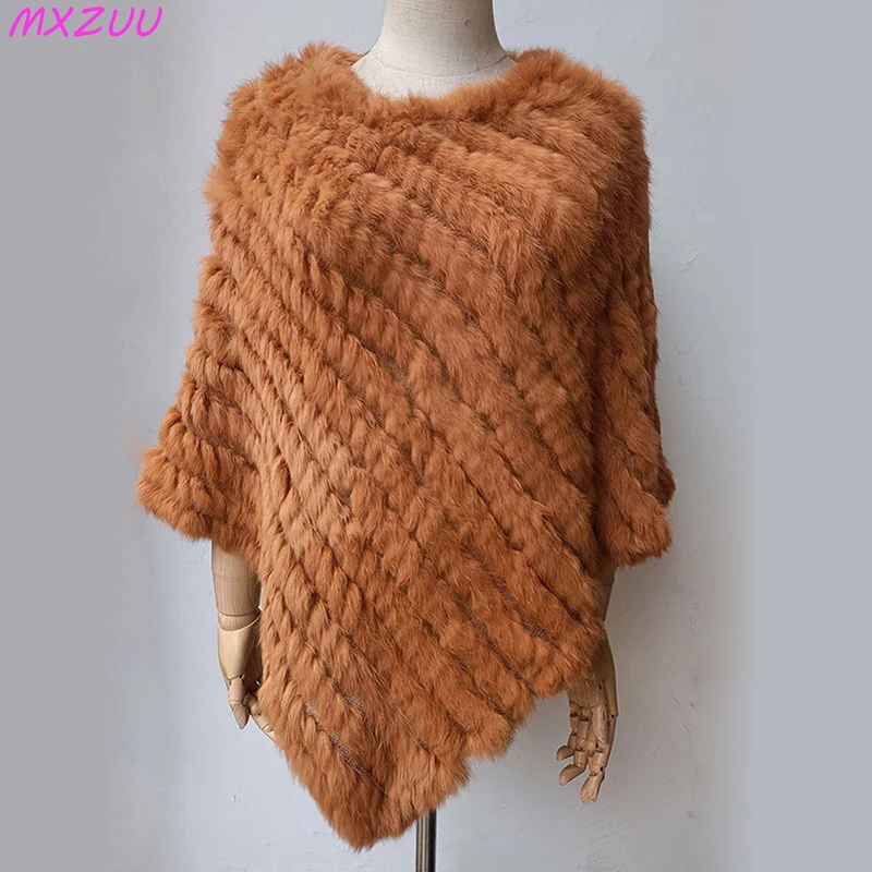 Autumn Winter Ponchos De Mujer Women Real Rabbit Hair Handmade Woven Triangle Shawl Ladies Pullover Sleeveless Fur Jacket Cloak