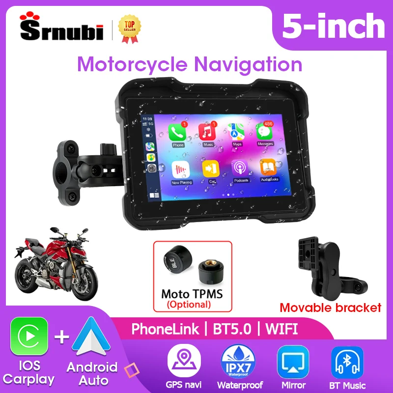 

Srnubi 5-дюймовый мотоциклетный плеер, навигация, GPS, беспроводной Carplay, Android, зеркальный монитор, подвижный кронштейн, Bluetooth с TPMS