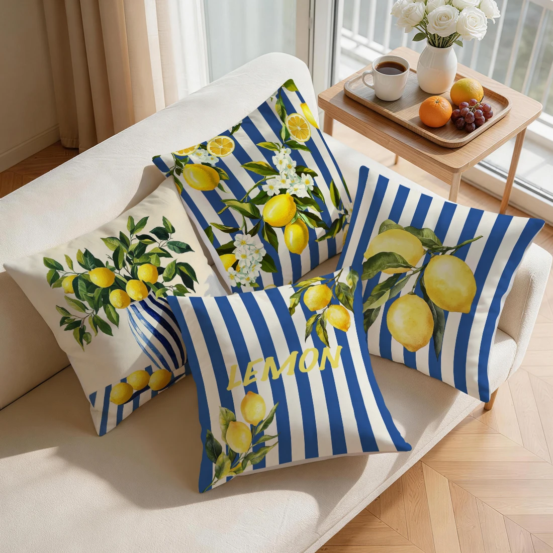 1pcs/4pcs Blue Striped Lemon Cushions Pillowcase Polyester Cushion Cover Throw Pillow Pillowcover Home Car Sofa Decor