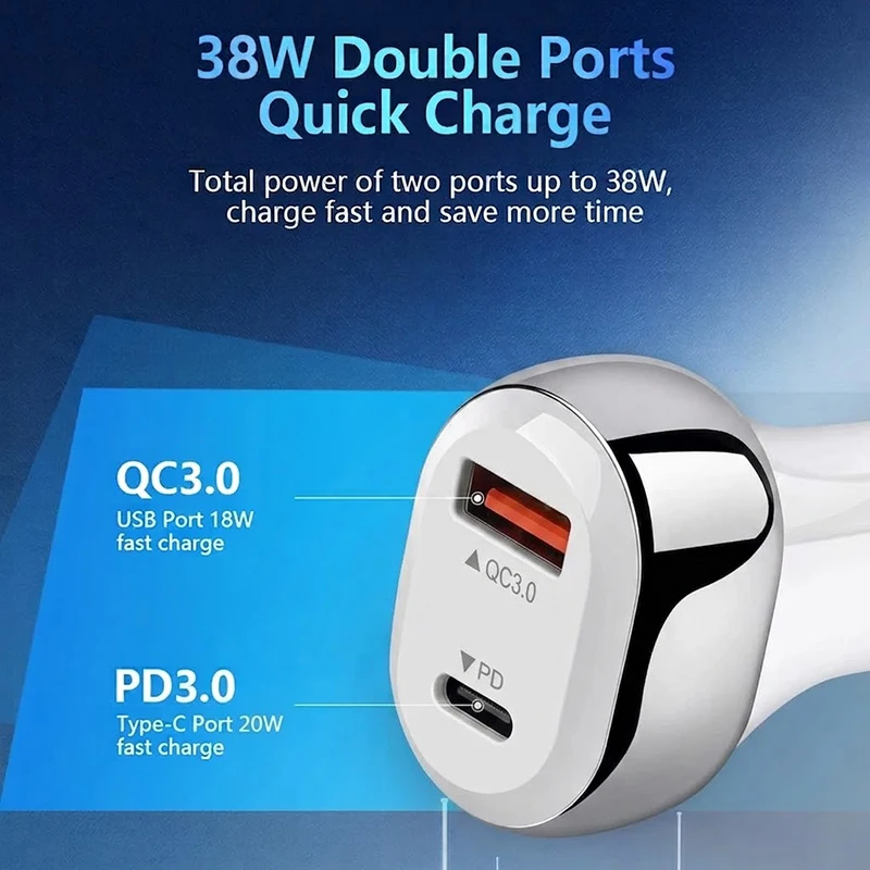 Fast Charging 38W Car Charger Dual Port PD 20W QC3.0 18W USB C Auto Power Adapter Stable Anti-Slip Plug Works With Tablets
