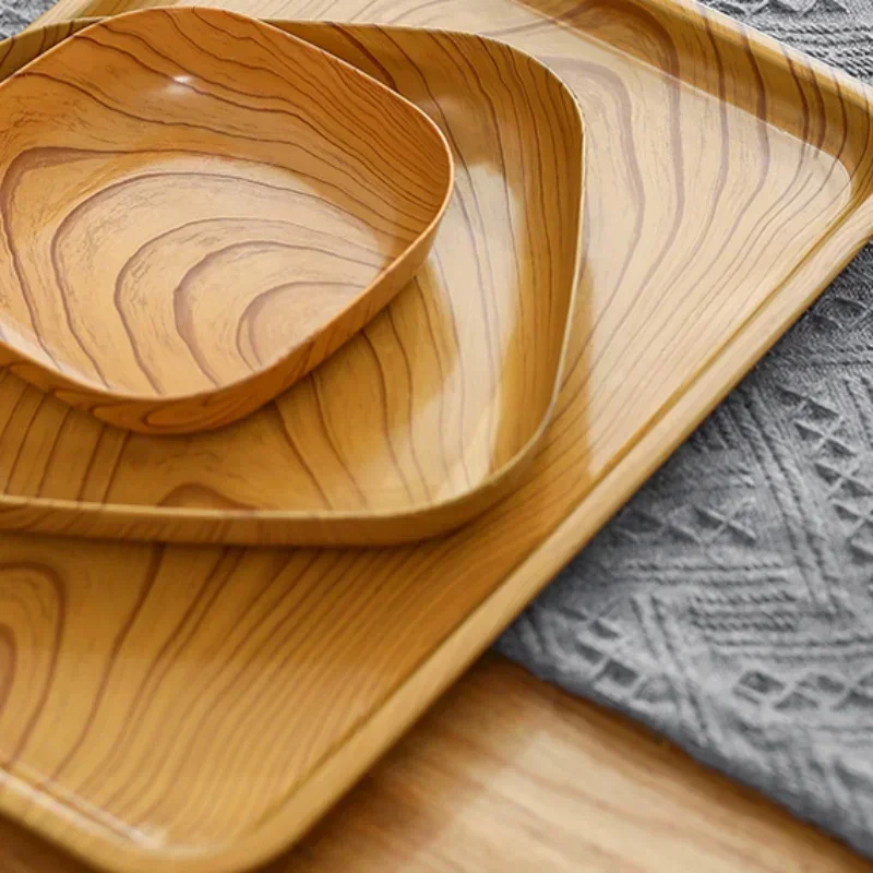 Kitchen Wood Grain Plastic Square Plate Salad Bowl Kitchen Spit Bone Dish Plate Coaster Serving Plate for Dining Snack Nuts