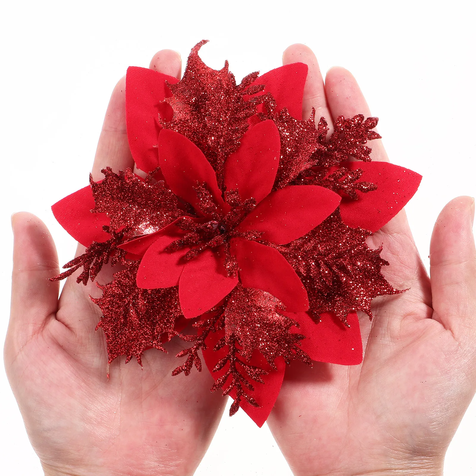

Red Craft Poinsettias Garland Accessories Glitter Xmas Flower with Pick Fake Flowers Decor