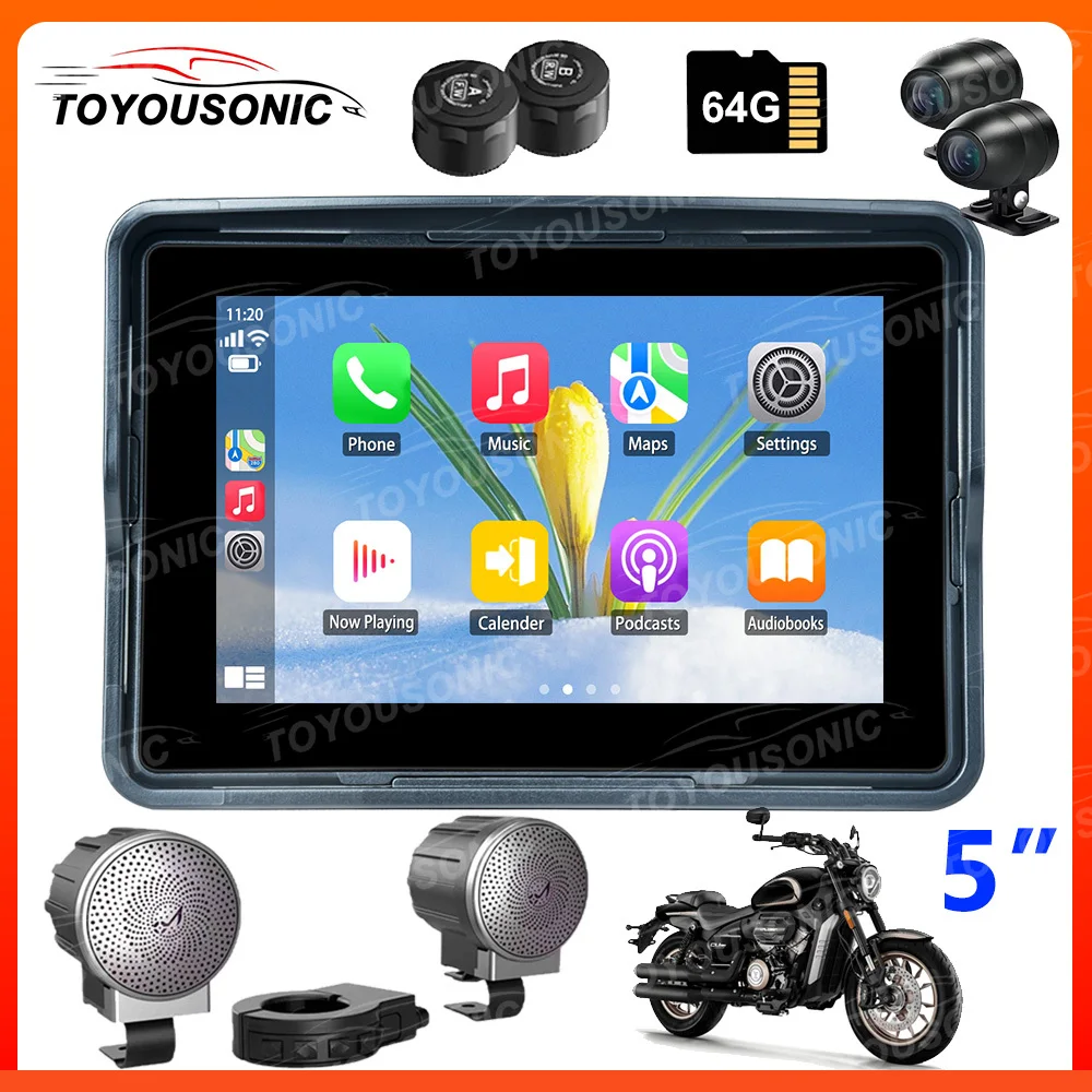 TOYOUSONIC 5 inch Portable Motorcycle Wireless Apple Carplay Android Auto IPX7 Waterproof  Monitor GPS Navigation BT 5.0 SD Card