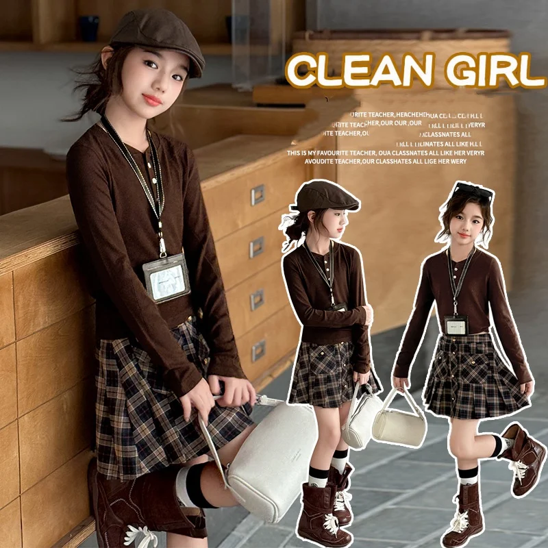 

Baby Girl Clothes Set Size 4-14Y Kid Dress Set Child 2-Pieces Of T-Shirt+Skirt Bottom Preppy Style Sets Toddler Plaid Dress Suit