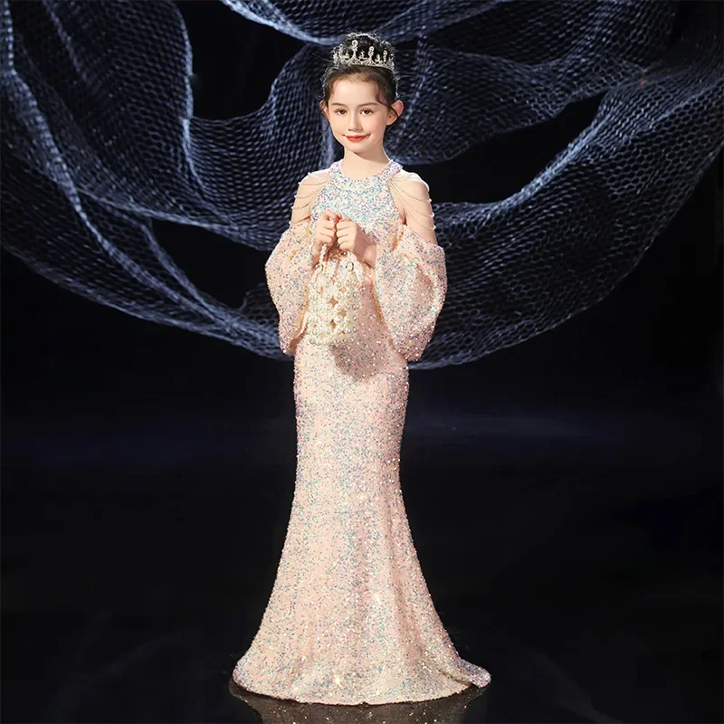 Kids Catwalk Princess Elegant Gown Model Child Evening Luxury Long Dress Girl Host Fishtail Champagne Sequin Performance Costume