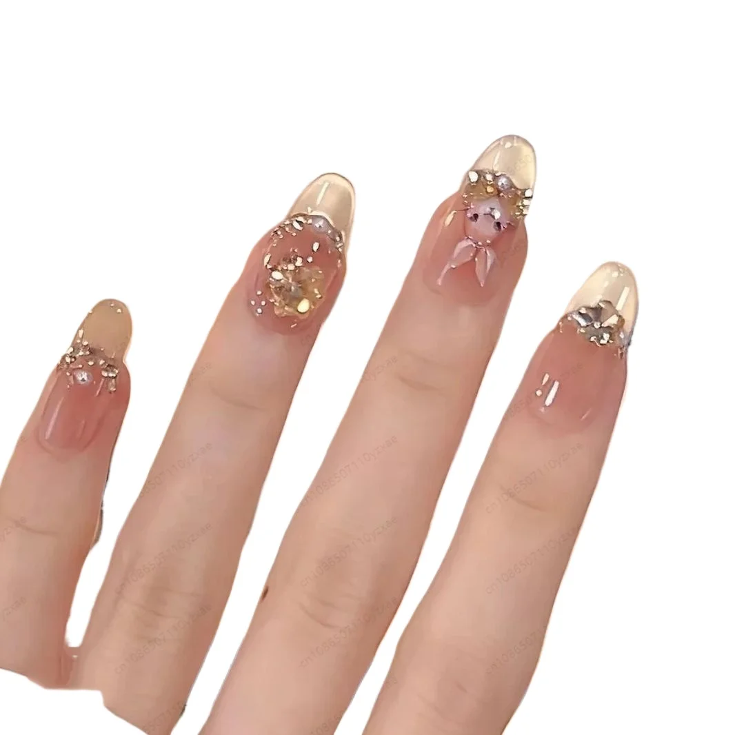 Short Almond Press on Nails - Handmade Glue-less Fake Nails, Simple Bunny Design, Perfect for Office, School