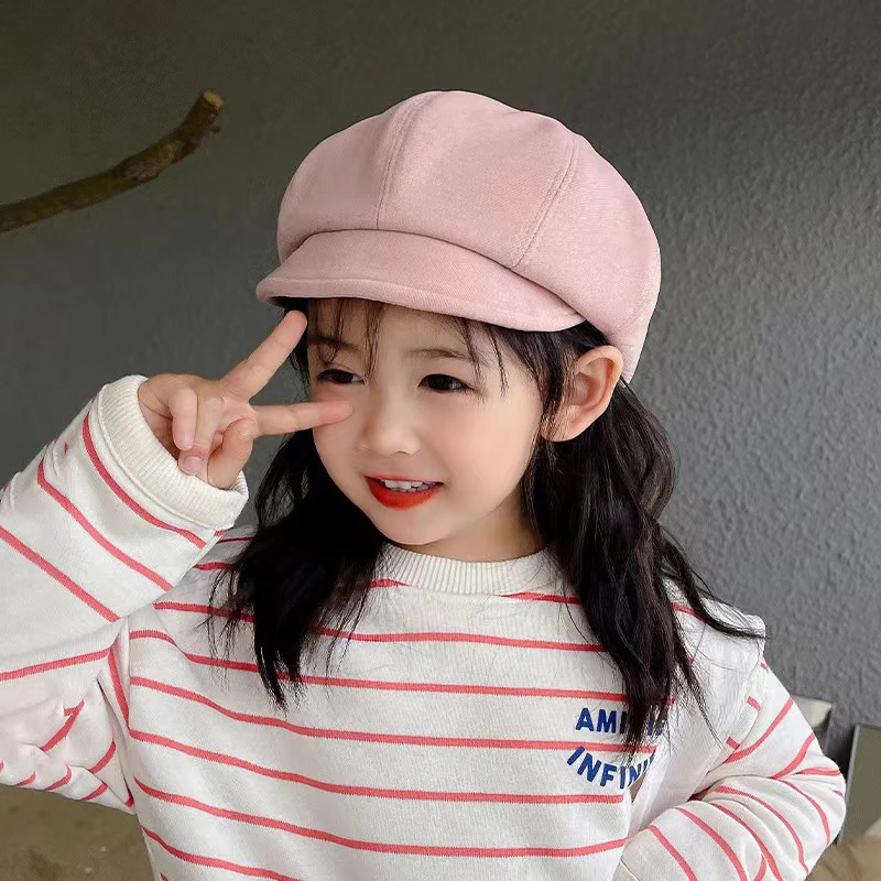 Boina de fieltro liso para niños, sombrero octogonal coreano para niñas, gorro para niños de otoño e invierno, gorra de pintor de artista, viseras de sol para bebés de 2 a 10 años