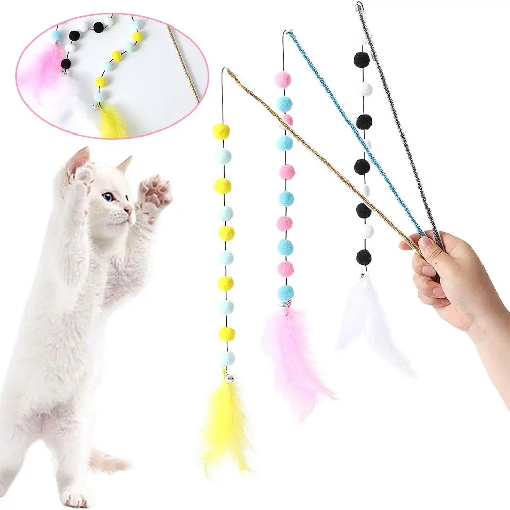 Funny Kitten Cat Teaser Pompom Interactive Stick Feather With Teasing Toy Stick Ball Bell Rod Cats Toys Pet Feather Playing Y5V9