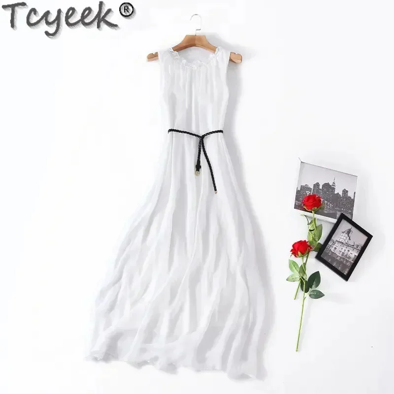 

Summer Tcyeek Sleeveless Woman Elegant 100% Mulberry Real Silk Clothing Female Loose Lace-up Dress 2024 Vestido Feminino